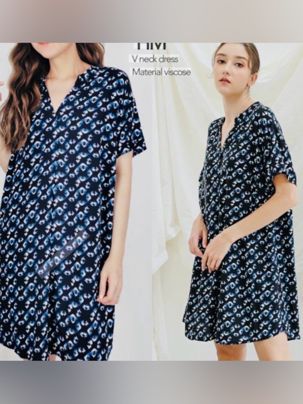 H&M V- Neck Printed Viscose Dress - Navy & Light Blue, Size Medium